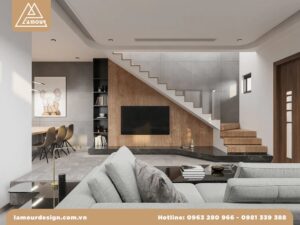 Phòng khách mẫu cầu thang nhà ống 5m