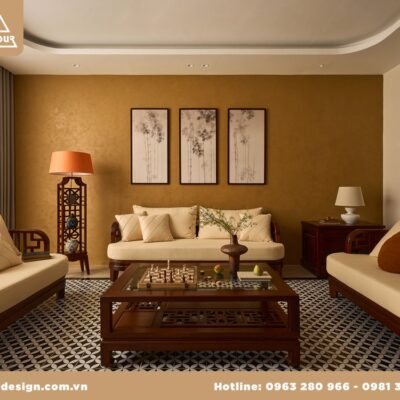 Review thực tế nội thất nhà Cọ Xanh phòng khách phong cách Indochine