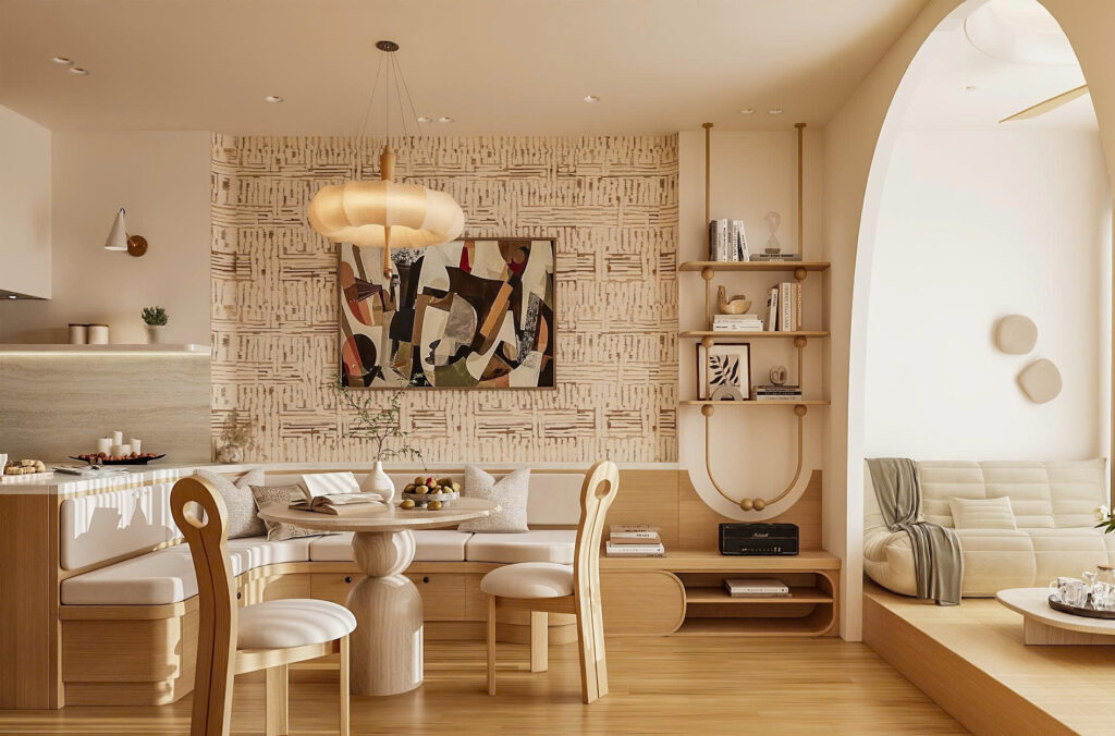 Thiết kế nội thất The Fibonan Ecopark không gian mở kết nối khách bếp và bục trà Panorama.