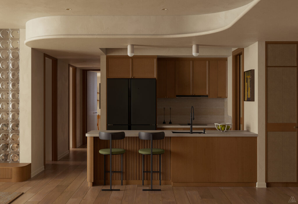 Thiết kế nội thất chung cư IPH Cầu Giấy - Không gian phòng bếp tối giản với hệ tủ phẳng kịch trần