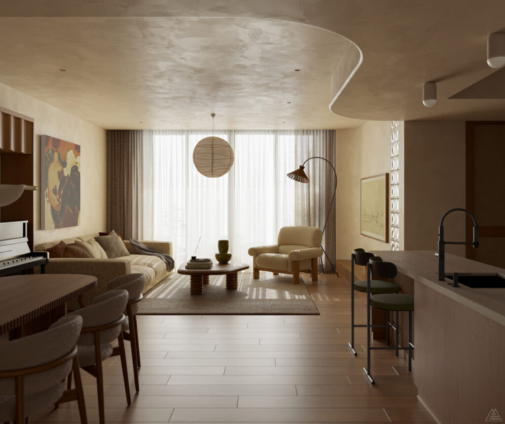 Thiết kế nội thất chung cư IPH Cầu Giấy không gian phòng khách liền bếp hiện đại