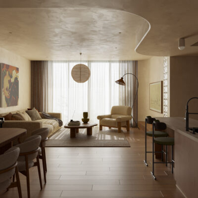 Thiết kế nội thất chung cư IPH Cầu Giấy không gian phòng khách liền bếp hiện đại