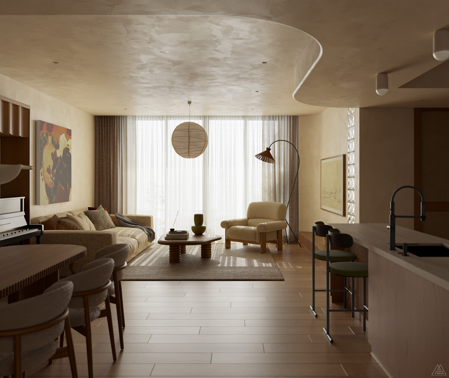 Thiết kế nội thất chung cư IPH Cầu Giấy không gian phòng khách liền bếp hiện đại