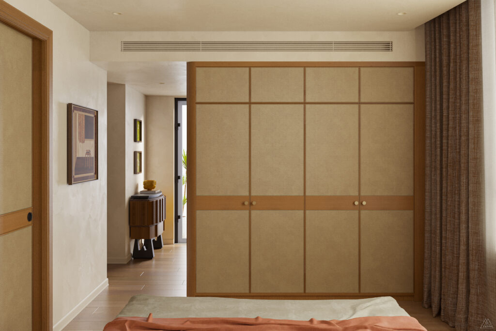 Thiết kế tủ quần áo kịch trần chung cư IPH Cầu Giấy - Hệ tủ phẳng tối giản làm vách ngăn không gian