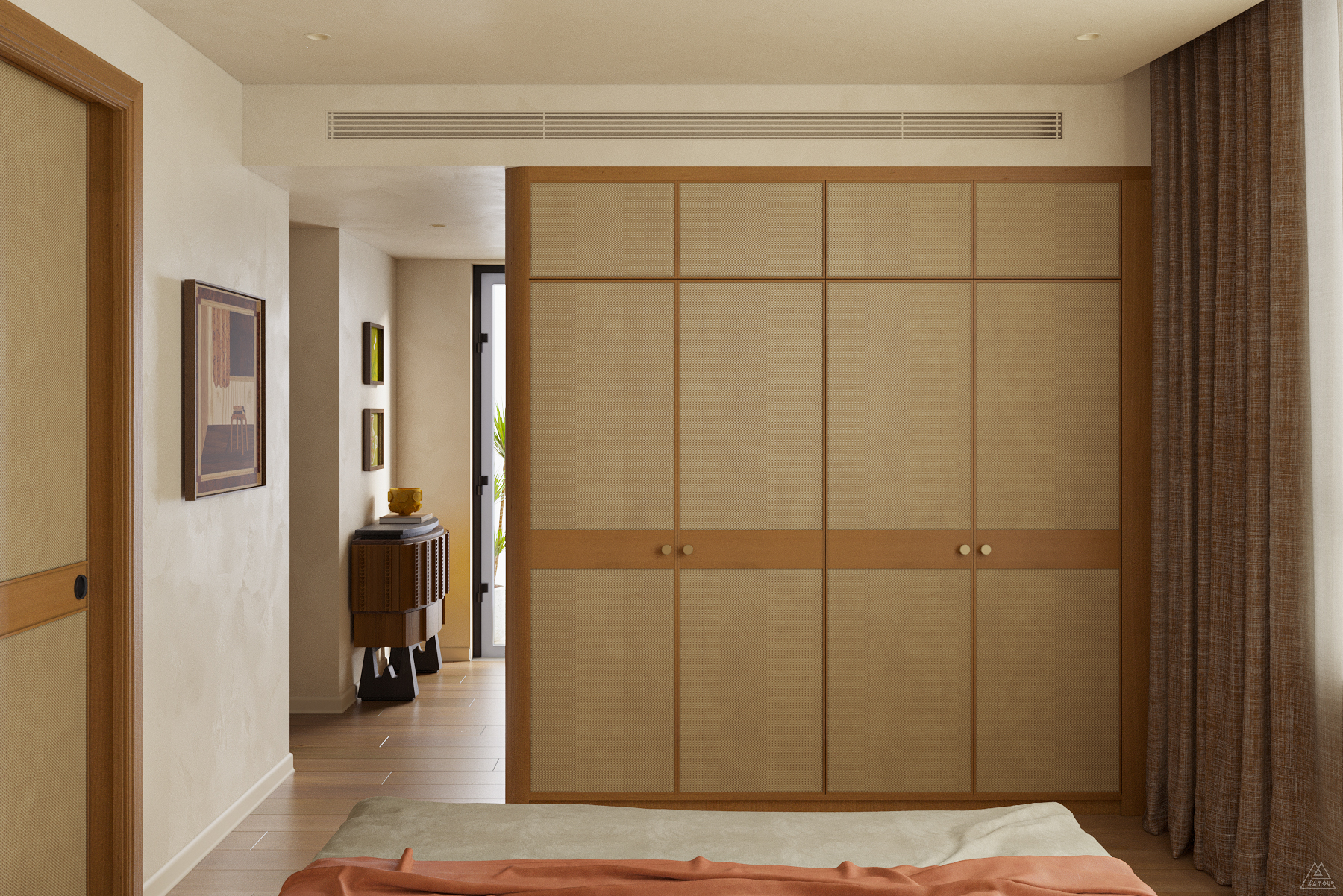 Thiết kế tủ quần áo kịch trần chung cư IPH Cầu Giấy - Hệ tủ phẳng tối giản làm vách ngăn không gian