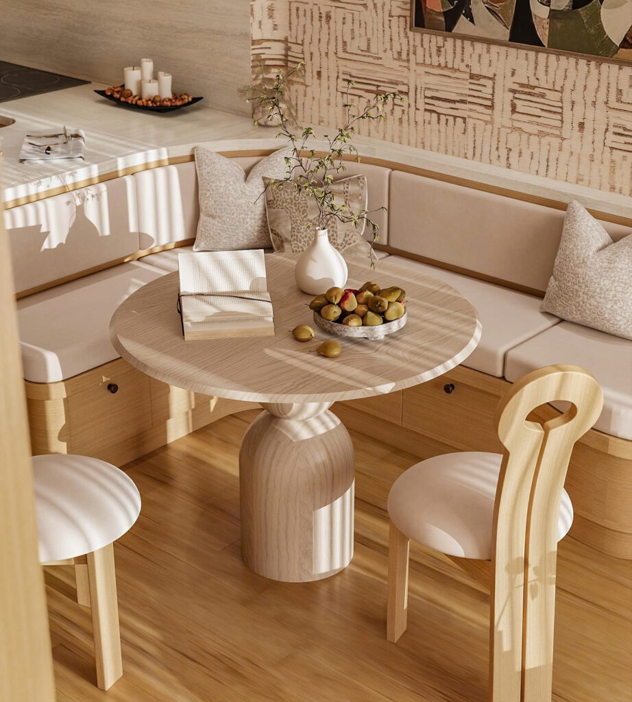 Bàn ăn tròn kết hợp ghế băng dài Booth Seating tích hợp ngăn kéo chứa đồ tại The Fibonan.