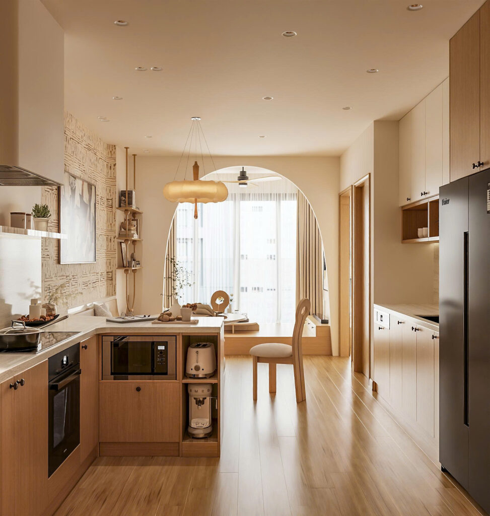 Thiết kế nội thất The Fibonan Ecopark không gian khách bếp liền kề hiện đại.