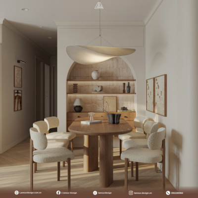 Khu vực bàn ăn bằng gỗ mộc mạc kết hợp hệ vòm trang trí trong không gian mở của mẫu thiết kế phòng khách tối giản.