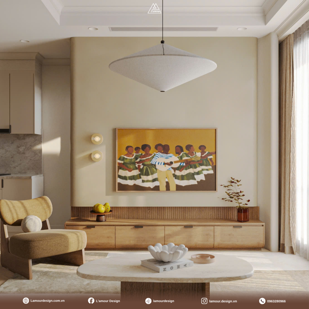 Không gian thiết kế phòng khách tối giản nổi bật với bức tranh nghệ thuật khổ lớn trên nền tường beige cùng hệ kệ tivi bằng gỗ mộc mạc.