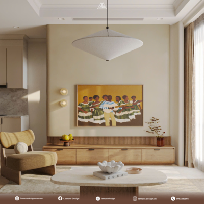 Không gian thiết kế phòng khách tối giản nổi bật với bức tranh nghệ thuật khổ lớn trên nền tường beige cùng hệ kệ tivi bằng gỗ mộc mạc.