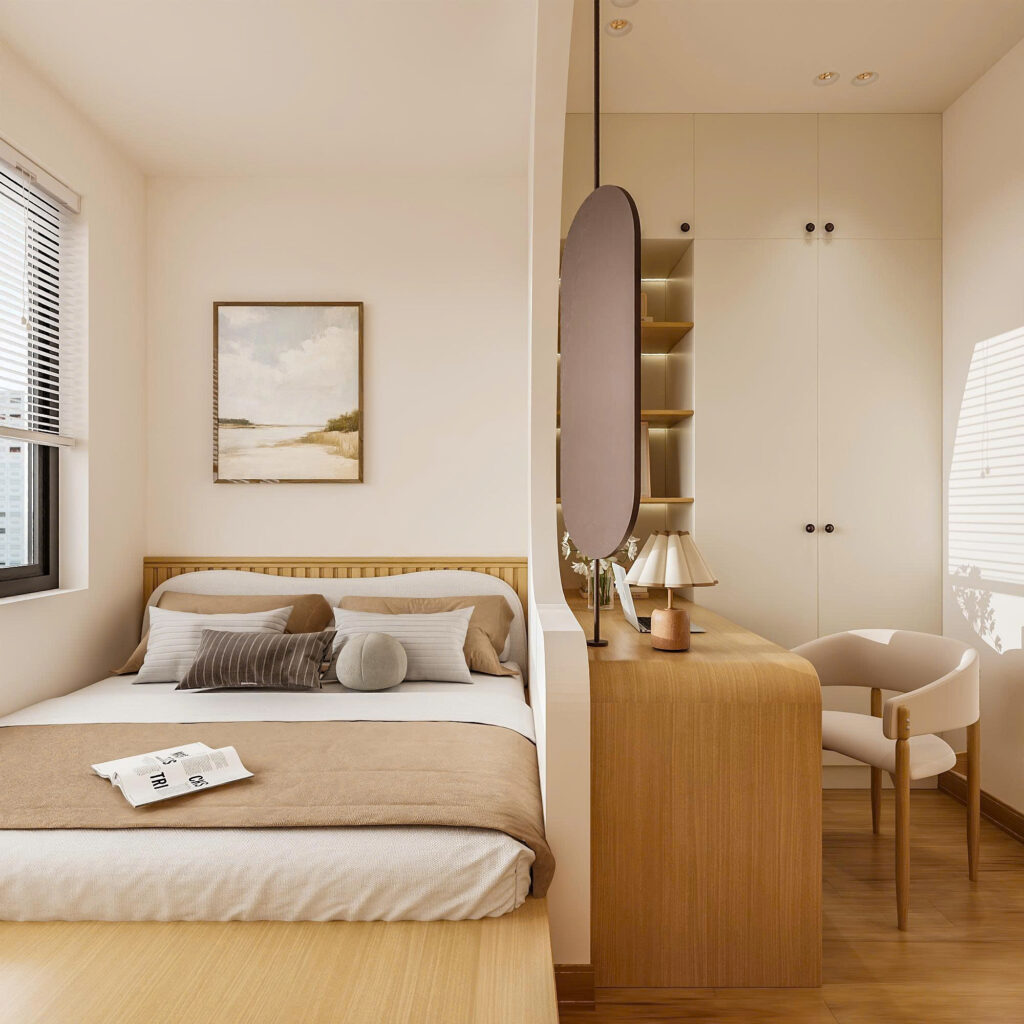 Giải pháp giường bục liền khối và tủ quần áo kịch trần phòng Master The Fibonan.