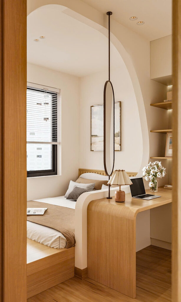 Thiết kế phòng ngủ Master The Fibonan Ecopark với vách ngăn vòm kiến trúc và gương trang điểm.