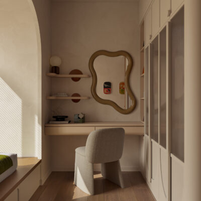 Thiết kế phòng ngủ con gái chung cư IPH Cầu Giấy - Góc bàn học với gương lượn sóng và hệ vòm