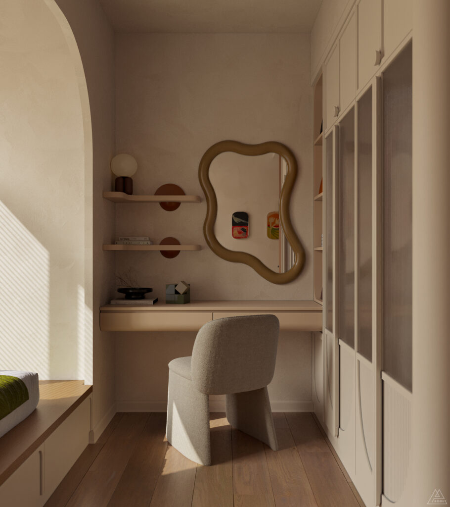 Thiết kế phòng ngủ con gái chung cư IPH Cầu Giấy - Góc bàn học với gương lượn sóng và hệ vòm
