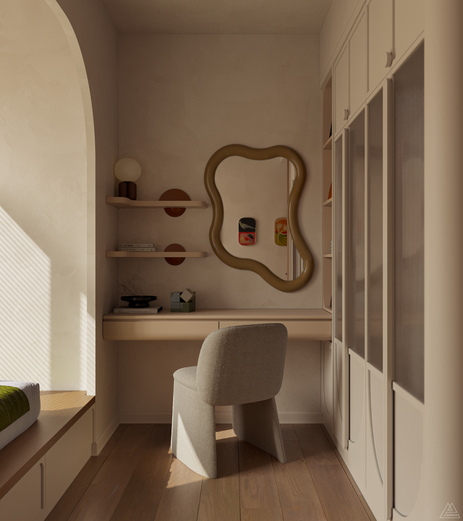 Thiết kế phòng ngủ con gái chung cư IPH Cầu Giấy - Góc bàn học với gương lượn sóng và hệ vòm