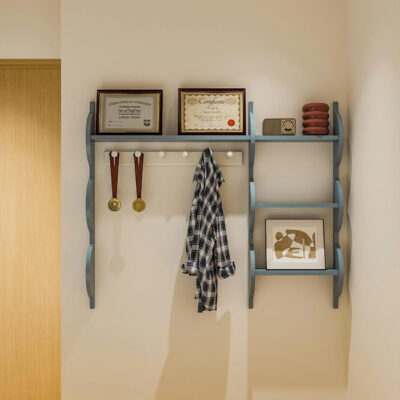 Kệ gỗ treo tường lượn sóng màu xanh Denim trong phòng ngủ bé trai The Fibonan.