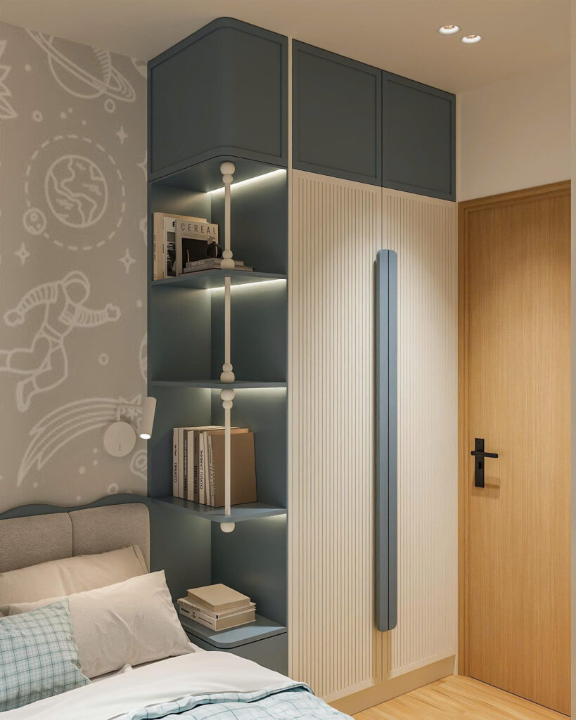Hệ tủ quần áo kịch trần kết hợp kệ trang trí đèn LED trong phòng ngủ con trai The Fibonan.