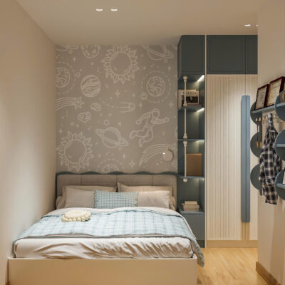 Thiết kế phòng ngủ con trai The Fibonan Ecopark chủ đề phi hành gia và vũ trụ.