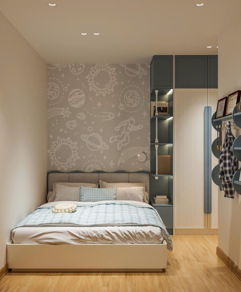 Thiết kế phòng ngủ con trai The Fibonan Ecopark chủ đề phi hành gia và vũ trụ.