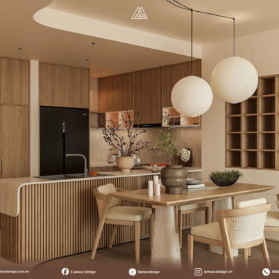 Thiết kế nội thất chung cư IPH Cầu Giấy không gian khách bếp liên thông phong cách Japandi