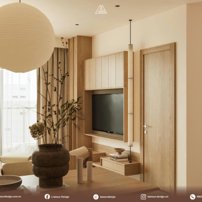 Thiết kế nội thất chung cư IPH Cầu Giấy hệ tủ kệ tivi treo tường tinh gọn