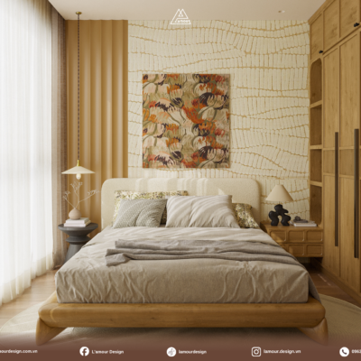 Thiết kế nội thất D’ El Dorado 80m2 - Không gian phòng ngủ ấm áp với vật liệu gỗ và họa tiết tường hữu cơ của L'amour Design